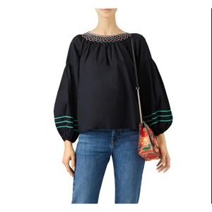Joie Ghanda Black Blouse Smocked Neck Balloon Sleeves Cottage Size Medium